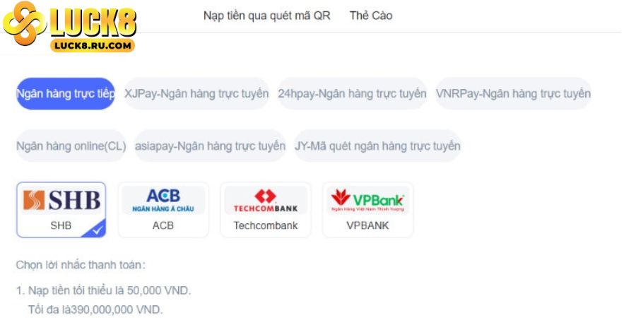 Nạp tiền Luck8 nhanh chóng thông qua chuyển khoản ngân hàng